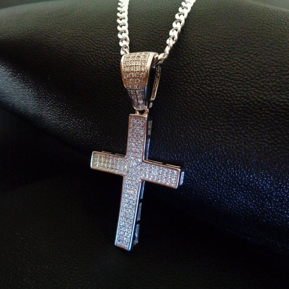 925 Sterling Silver Cross Pendant Necklace, Diamond Simulant Pave Cross Pendant - Picture 3 of 8